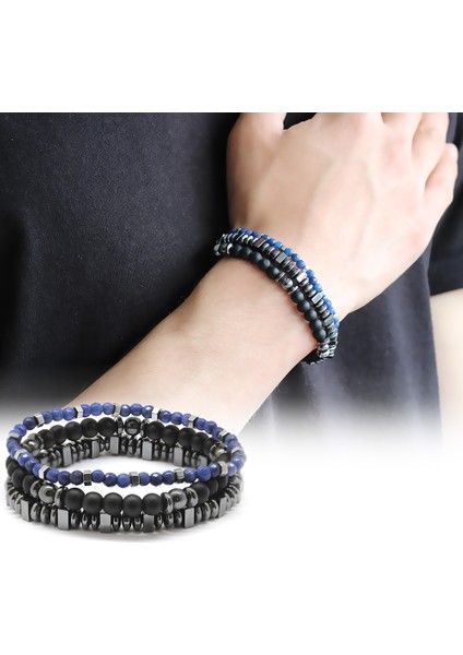 Küre Kesim Siyah Oniks-Lapis-Hematit Kombinli Doğaltaş Bileklik