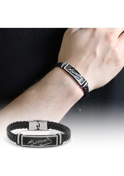 Atatürk Imza Tasarım Siyah Deri-Çelik Kombinli Erkek Bileklik