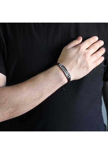 Atatürk Imza Tasarım Siyah Deri-Çelik Kombinli Erkek Bileklik fiyatları