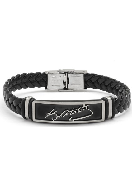 Atatürk Imza Tasarım Siyah Deri-Çelik Kombinli Erkek Bileklik modelleri