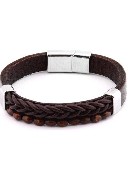 Hasır Tasarım Kuka Işlemeli Kahverengi Çelik-Deri Kombinli Erkek Bileklik modelleri