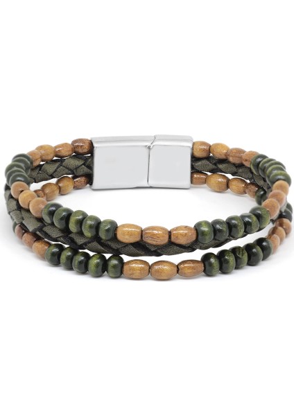 Ahşap Taşlı Sarı-Yeşil Renk Deri Ahşap Erkek Bileklik modelleri
