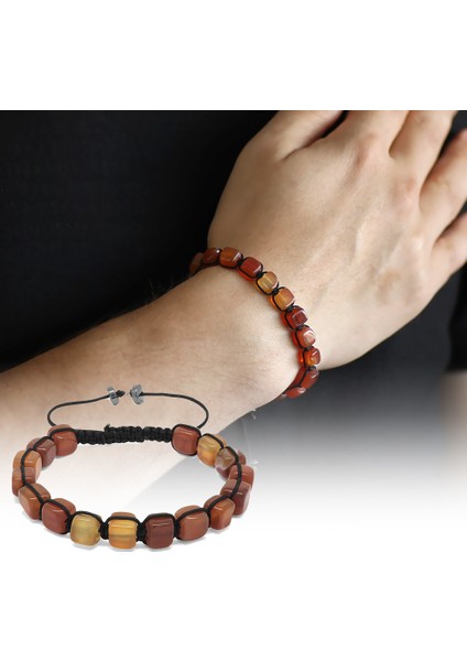 Makrome Örgülü Sıralı Küp Kesim Kırmızı Akik Doğaltaş Bileklik