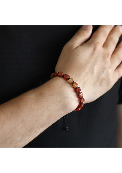 Makrome Örgülü Sıralı Küp Kesim Kırmızı Akik Doğaltaş Bileklik fiyatları
