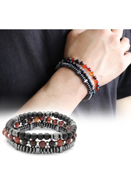 Küre Kesim Kırmızı Akik-Oniks-Hematit Kombinli Doğaltaş Bileklik