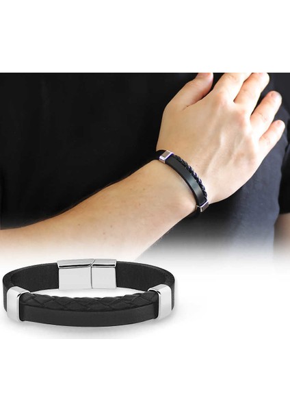 Hasır Tasarım Çift Sıra Siyah Çelik-Deri Kombinli Erkek Bileklik