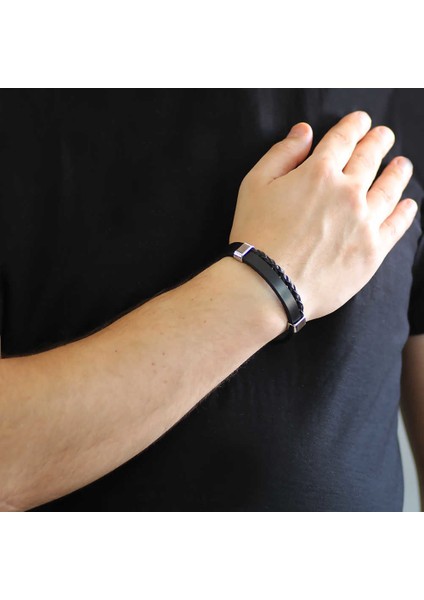 Hasır Tasarım Çift Sıra Siyah Çelik-Deri Kombinli Erkek Bileklik fiyatları