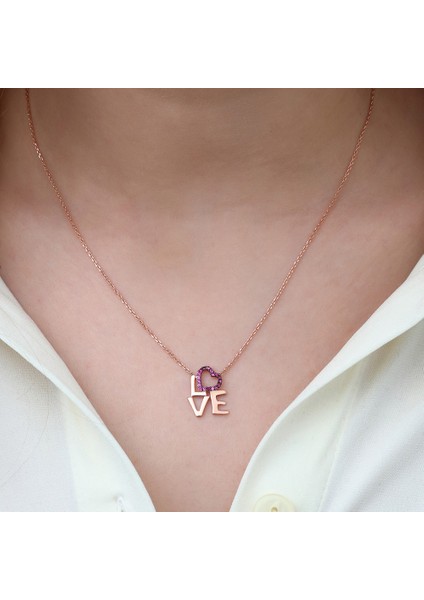 Pembe Zirkon Taşlı Love-Kalp Tasarım 925 Ayar Gümüş Kadın Kolye fiyatları