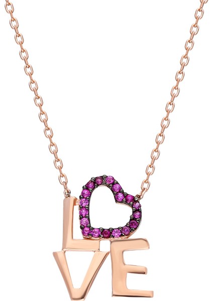 Pembe Zirkon Taşlı Love-Kalp Tasarım 925 Ayar Gümüş Kadın Kolye modelleri