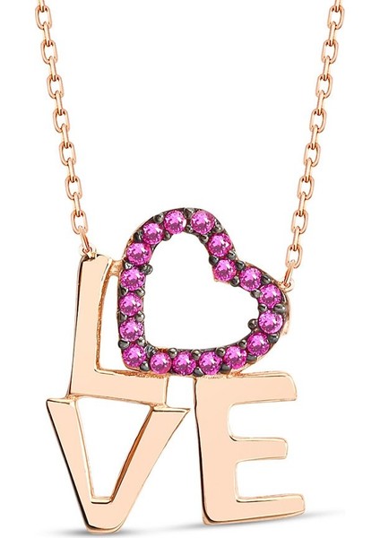 Pembe Zirkon Taşlı Love-Kalp Tasarım 925 Ayar Gümüş Kadın Kolye fırsatları