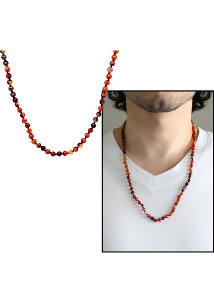 Makrome Örgülü Kırmızı Akik Doğaltaş Erkek Kolye