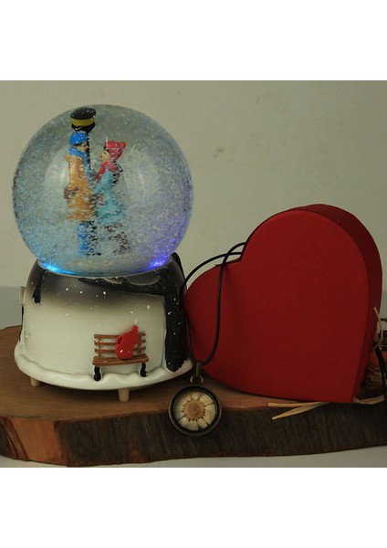 Kış Masalı Püskürtmeli Büyük Boy Kar Küresi Papatyalı Oval Kolye Set