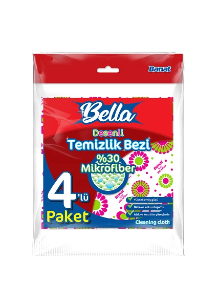 Bella Desenli %30 Mikrofiber Temizlik Bezi 4'lü