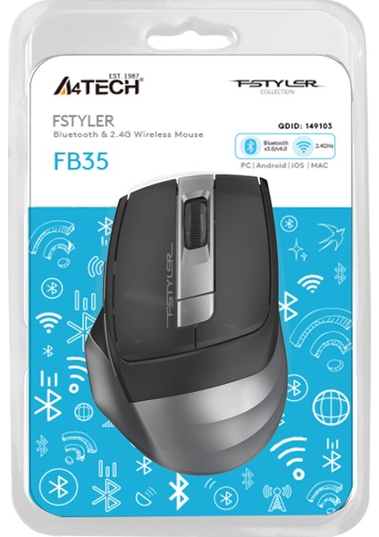 A4 Tech FB35 Gri Bluetooth+2.4g Nano Kablosuz Optik 2000 Dpi Mouse