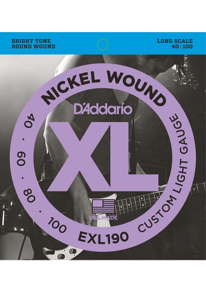 EXL190 Nickel Wound Bass- Custom Light- 40-100- Long Scale Takım Tel Bas Gitar Teli 040-100