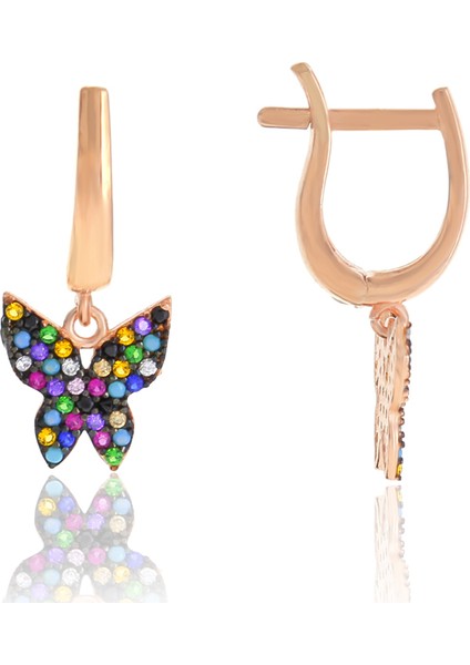 Kelebek Tasarım Renkli Taşlı Roslu Gümüş Küpe