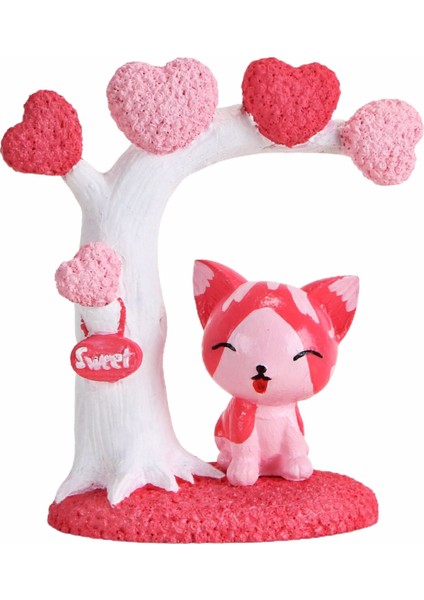 Kalpli Ağaç Altındaki Sevimli Pembe Kedi Dekoratif Biblo