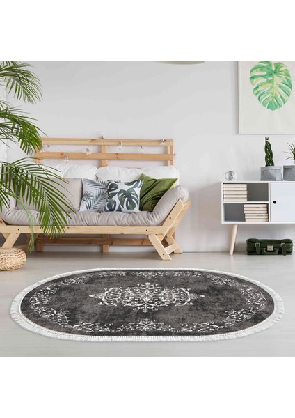 Alanur Trend Kaymaz Dod Tabanlı Saçaklı Dijital Halı Oval Gri̇