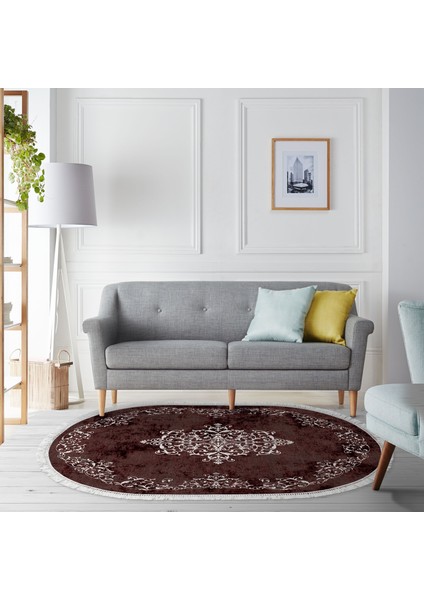 Alanur Trend Kaymaz Dod Tabanlı Saçaklı Dijital Halı Oval Bordo