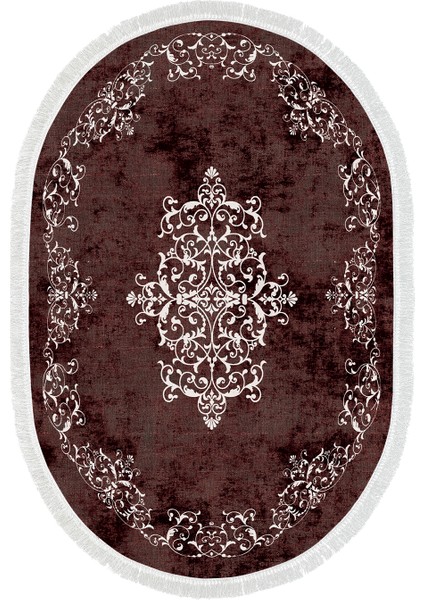 Alanur Trend Kaymaz Dod Tabanlı Saçaklı Dijital Halı Oval Bordo fiyatları
