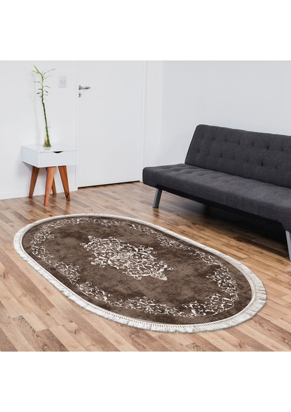 Alanur Trend Kaymaz Dod Tabanlı Saçaklı Dijital Halı Oval Kahve