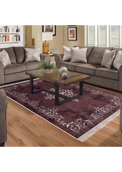 Alanur Trend Kaymaz Dod Tabanlı Saçaklı Dijital Halı Bordo