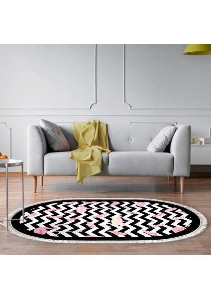 Alanur Trend Kaymaz Dod Tabanlı Saçaklı Dijital Halı Oval Pembe