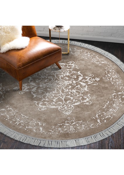 Alanur Trend Kaymaz Dod Tabanlı Saçaklı Dijital Halı Yuvarlak Bej