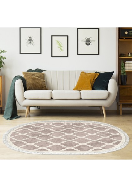 Alanur Trend Kaymaz Dod Tabanlı Saçaklı Dijital Halı Oval Krem