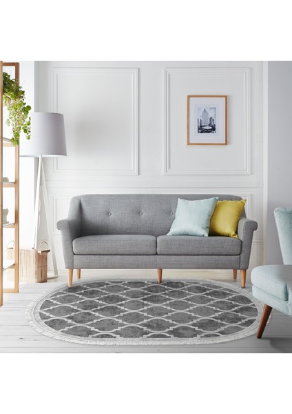 Alanur Trend Kaymaz Dod Tabanlı Saçaklı Dijital Halı Oval Gri̇