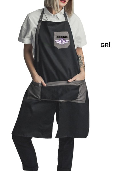 Nakışlı Boyundan Askılı Mutfak Iş Önlüğü Barista Master Chef Garson Kuaför Tattoo Önlük - Gri