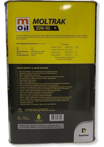 Moltrak Traktör Motor Yağı 20W-50 9Litre Motor Yağı ( Üretim Yılı : 2024 )