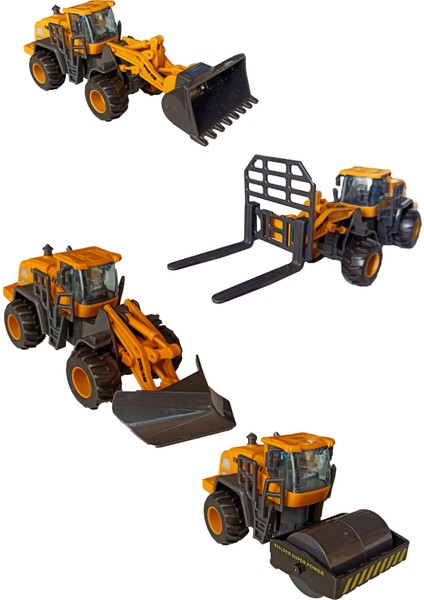 Oyuncak Iş Makineleri Dozer, Kar Küreme, Forklift ve Silindir Seti