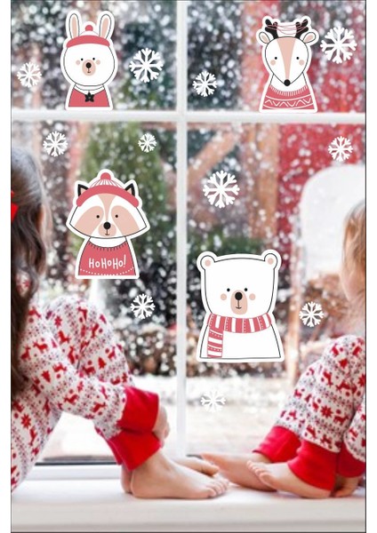 Yılbaşına Özel Kar Taneleri, Geyik, Ayıcık Figürlü Noel Süsleri Duvar-Cam Sticker