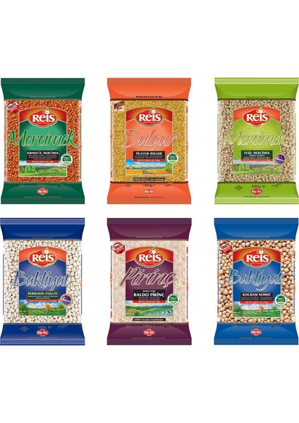 6lı Set (Gönen Baldo Pirinç, Pilavlık Bulgur, Dermason Fasülye, Yeşil Mercimek, Koçbaşı Nohut, Kırmızı Iç Mercimek 6 kg