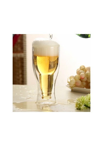 Şişe Tasarımlı Çift Cidarlı Cam Bardak, Bira Meşrubat 350 ml