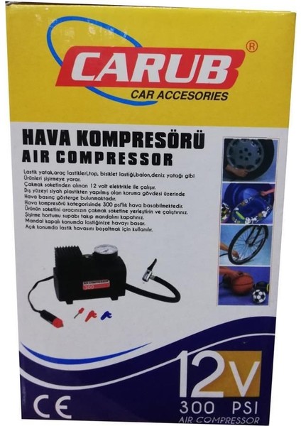Carub 300 Psi 12V Güçlü Performans Siyah Hava Kompresörü