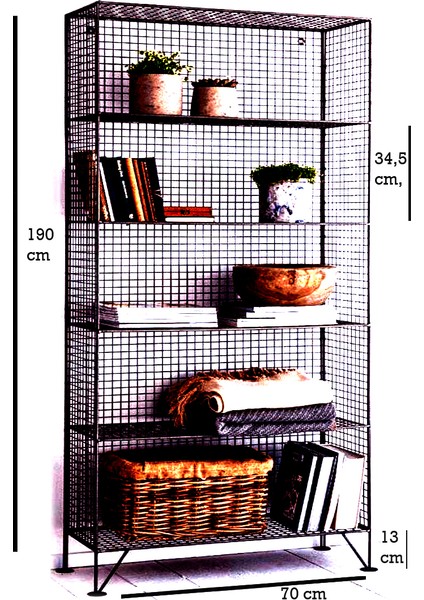 Metal 5 Gözlü Kitaplık Rafı & Kafes Tel Vitrin