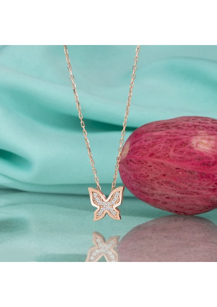 Gümüş Kolye Swarovskı Taşlı Kelebek Temalı Rose Kaplama Kadın Kolye