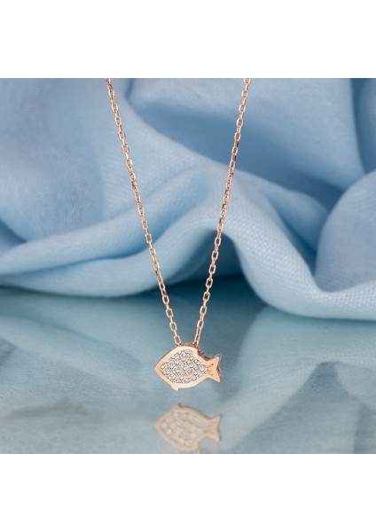 Gümüş Kolye Swarovskı Taşlı Balık Temalı Rose Kaplama Kadın Kolye
