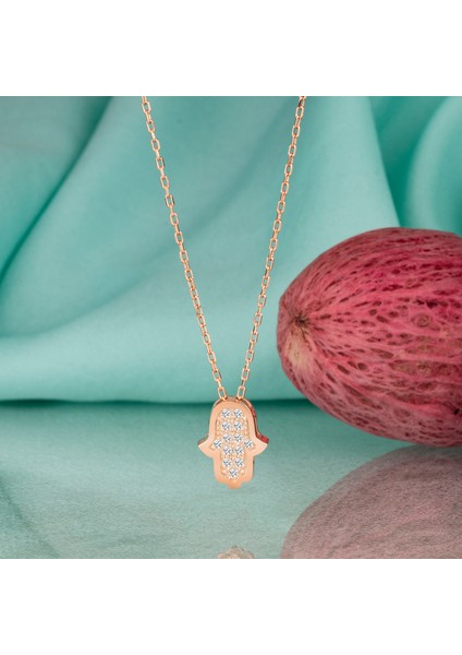Gümüş Kolye Swarovskı Taşlı Fatmanın Eli Temalı Rose Kaplama Kadın Kolye