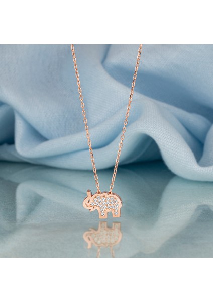 Gümüş Kolye Swarovskı Taşlı Fil Temalı Rose Kaplama Kadın Kolye