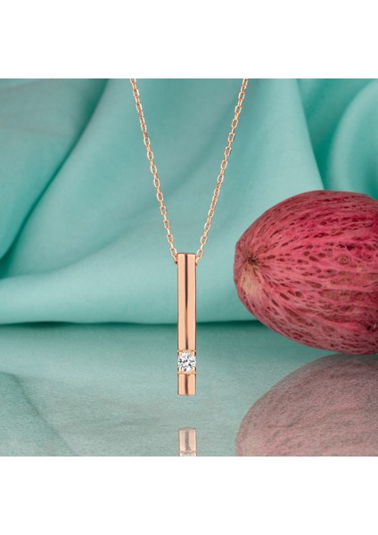 Gümüş Kolye Swarovskı Taşlı Çubuk Temalı Tektaş Rose Kaplama Kadın Kolye