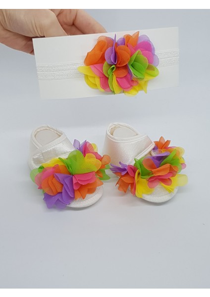 169 - Renkli Çiçek Motifli Bebek Saç Bandı ve Patik Seti (2'li)