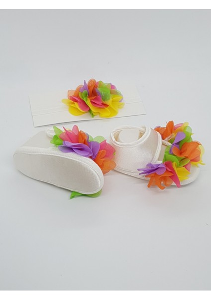 169 - Renkli Çiçek Motifli Bebek Saç Bandı ve Patik Seti (2'li) modelleri