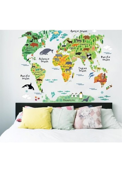 Kt Decoration Çocuk Odası Dekoru Hayvanlı Dünya Haritası Atlas Kendinden Yapışkanlı Pvc Duvar Sticker