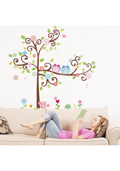 Kt Decoration Ağaç Baykuşlar Çiçekler Renkli Bebek ve Çocuk Odası Pvc Duvar Sticker