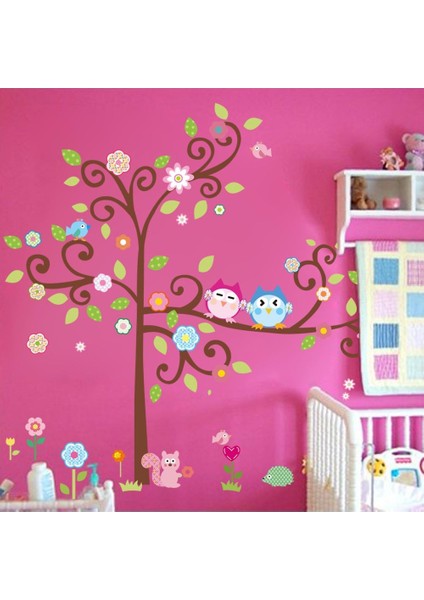 Kt Decoration Ağaç Baykuşlar Çiçekler Renkli Bebek ve Çocuk Odası Pvc Duvar Sticker