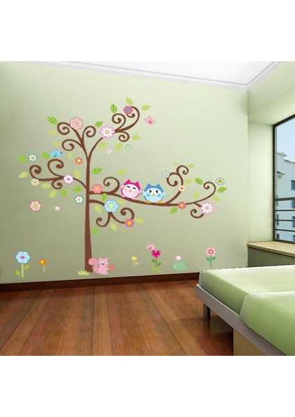 Kt Decoration Ağaç Baykuşlar Çiçekler Renkli Bebek ve Çocuk Odası Pvc Duvar Sticker