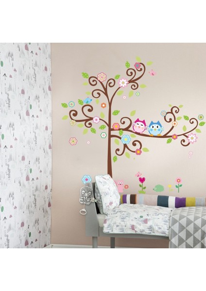Kt Decoration Ağaç Baykuşlar Çiçekler Renkli Bebek ve Çocuk Odası Pvc Duvar Sticker